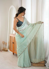 Dista Sea Green Fendy Satin Woven Designer,Beads Work Saree with Blouse-Rutvi, view 2