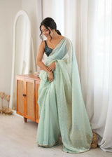 Dista Sea Green Fendy Satin Woven Designer,Beads Work Saree with Blouse-Rutvi, view 3