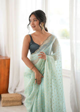 Dista Sea Green Fendy Satin Woven Designer,Beads Work Saree with Blouse-Rutvi, view 4