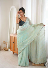 Dista Sea Green Fendy Satin Woven Designer,Beads Work Saree with Blouse-Rutvi, view 5