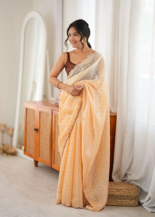 Dista Yellow Fendy Satin Woven Designer,Beads Work Saree with Blouse-Rutvi