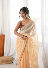 Dista Yellow Fendy Satin Woven Designer,Beads Work Saree with Blouse-Rutvi, view 4