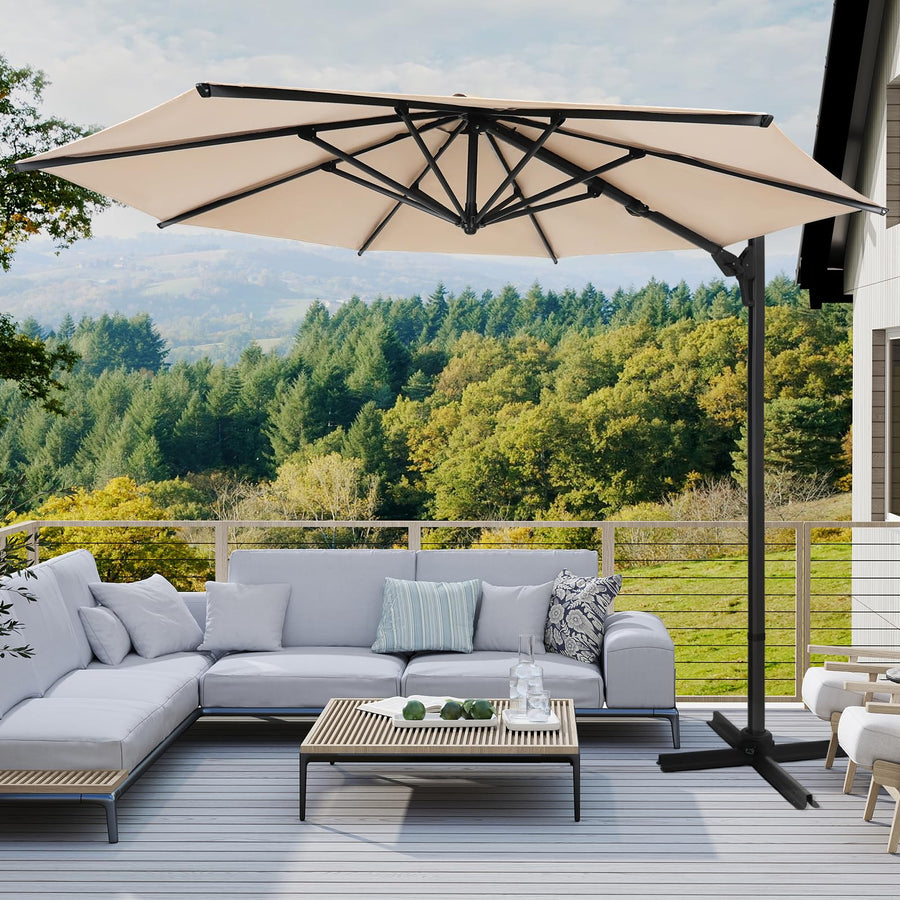 Elecwish 10ft Large Round Cantilever Patio Umbrella with Base Included, Windproof Offset Umbrella with 360°Rotation and 0.07" Thickened Aluminum Pole, Heavy Duty Outdoor Sun Shade for Garden Decks, Patios, Pools OD025