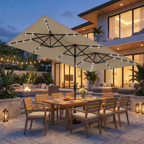 Elecwish 15 FT Large Patio Umbrella with Solar LED Light, Double Sided Rectangle Umbrella with Crank Handle for Patio, Backyard, Garden, Pool, without Base