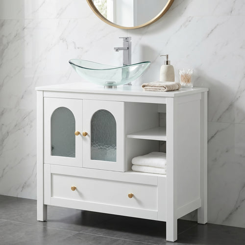 Elecwish 36'' Bathroom Vanity, White Freestanding Vanity Sink Cabinet with Drawer and Water Ripple BTC8008Doors, Modern Bathroom Storage Cabinet, withou sink, BTC8008
