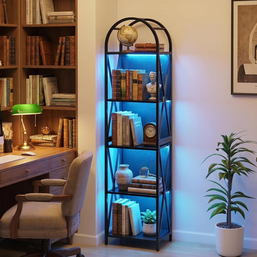 Elecwish 5-Tier Narrow Bookshelf with LED Light, 65" Storage Shelf Open Display for Bedroom, Gaming Room