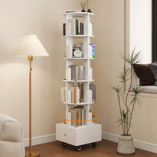 Elecwish 5 Tier Rotating Floor Standing Bookcase Storage Rack with Drawer and Brake Wheels IF151