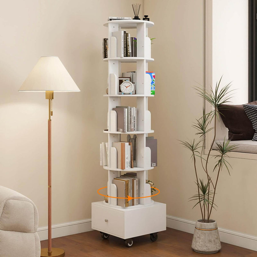 Elecwish 5 Tier Rotating Floor Standing Bookcase Storage Rack with Drawer and Brake Wheels IF151
