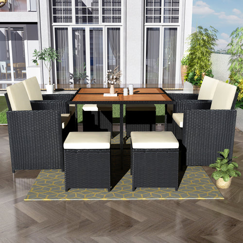 Elecwish Patio All-Weather PE Wicker Dining Table Set with Wood Tabletop for 8, Black Rattan+Beige Cushion (9-Piece)