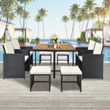 Elecwish Patio All-Weather PE Wicker Dining Table Set with Wood Tabletop for 8, Black Rattan+Beige Cushion (9-Piece), view 2
