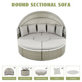 Elecwish Patio Furniture Round Outdoor Sectional Sofa Set Rattan Daybed Two-Tone Weave Sunbed with Retractable Canopy, Separate Seating and Removable Cushion, Gray, view 6