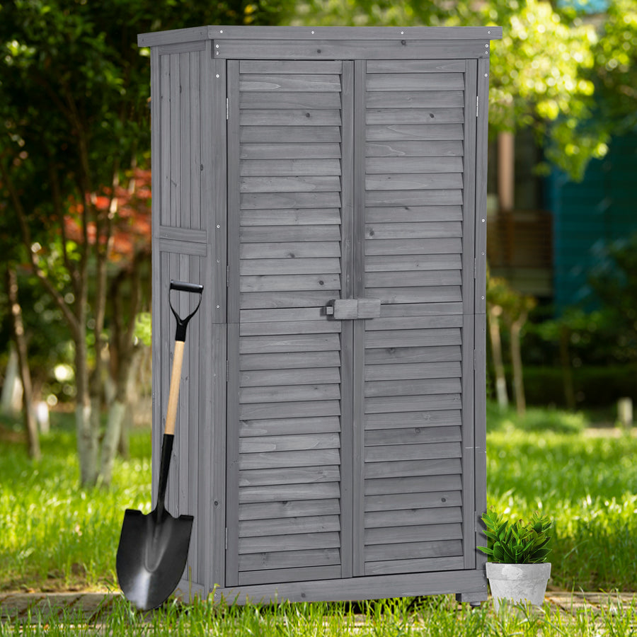 Elecwish Wooden Garden Shed 3-tier Patio Storage Cabinet Outdoor Organizer Wooden Lockers with Fir Wood (Gray Wood Color -Shutter Design)