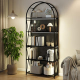 Elecwish Arched Bookshelf 75" Tall 5-Tier Open Bookshelf with Storage Black Open Glass Display Shelf with Lights and Adjustable Feet for Living Room and Home Office Black, view 6