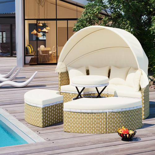 Elecwish Patio Furniture Round Outdoor Sectional Sofa Set Rattan Daybed Two-Tone Weave Sunbed with Retractable Canopy, Separate Seating and Removable Cushion, Beige
