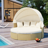 Elecwish Patio Furniture Round Outdoor Sectional Sofa Set Rattan Daybed Two-Tone Weave Sunbed with Retractable Canopy, Separate Seating and Removable Cushion, Beige, view 2