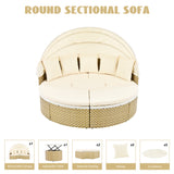 Elecwish Patio Furniture Round Outdoor Sectional Sofa Set Rattan Daybed Two-Tone Weave Sunbed with Retractable Canopy, Separate Seating and Removable Cushion, Beige, view 6