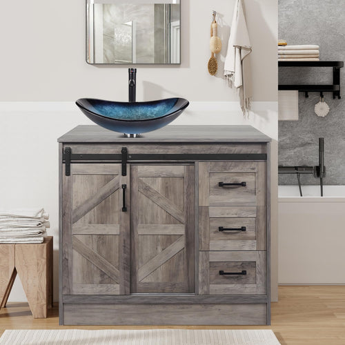 Elecwish Barn Door Bathroom Vanity 24/30/36/48" , Farmhouse Style Standing Pedestal Cabinet with Sink BA015