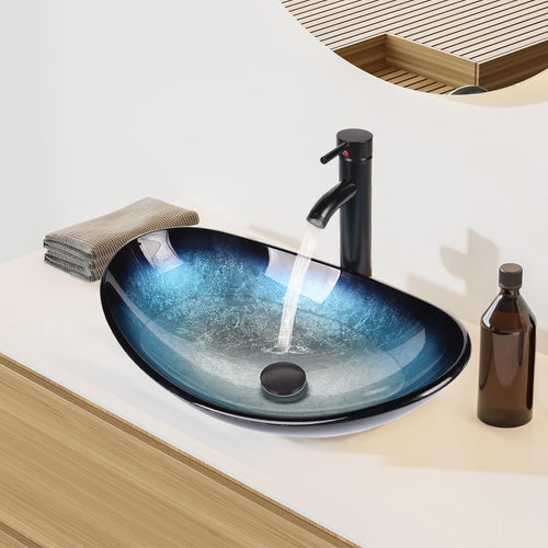Elecwish Bathroom Boat Shape Artistic Glass Vessel Sink Free Oil Rubbed Bronze Faucet and Pop-up Drain Set