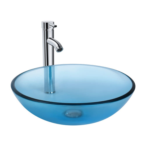Elecwish Bathroom Round Glass Vessel Sink Basin with Faucet Pop-Up Drain (Blue) BA007