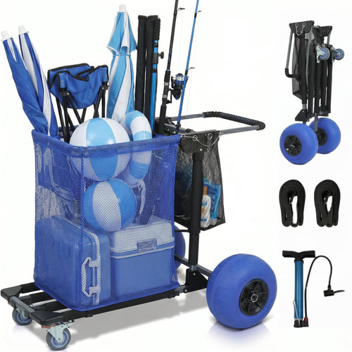 Elecwish Beach Cart for Sand with Balloon Wheels & 12" Sand Tires Adjustable Handle, Large Capacity Cart with Storage Pockets, Straps & Beach Chair Hooks, Maximum Weight Capacity 220 lbs
