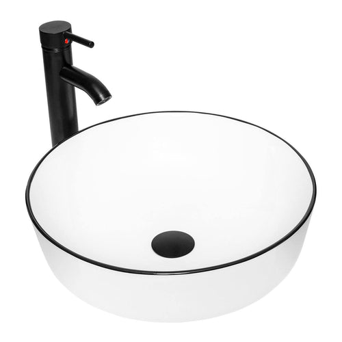 Elecwish Ceramic Bathroom Vessel Sink with Black Faucet Drain Combo,Round White BG1010