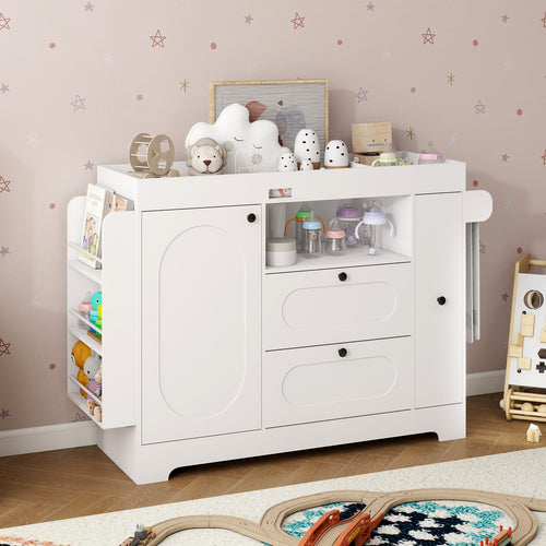 Elecwish Changing Table Dresser with Drawers White Diaper Portable Changing Station Nursery Dresser with 2 Drawers & Clothes Hanger, Storage Crib with Change Table Top BW0001