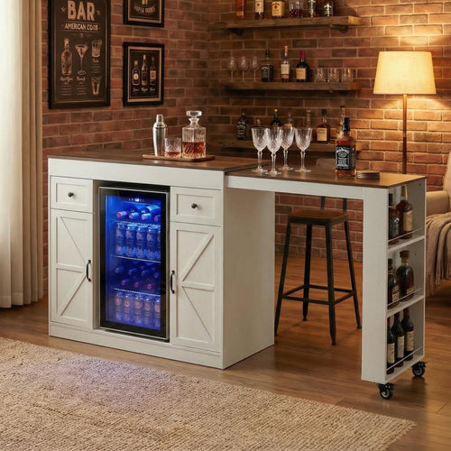 Elecwish Coffee Bar Cabinet with Fridge Storage Space, Extendable &Black | Large Mini Fridge Cabinet with Pull-out Table, Sideboard Buffet with Drawers, Snack Bar Cabinet with Side