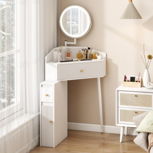 Elecwish Corner Makeup Vanity Desk with Retractable and Rotating Mirror and Lights Small Modern White Makeup Vanity Set with Glass Top for Women Compact Girls Dressing Table with Drawer for Small Space MVD8004