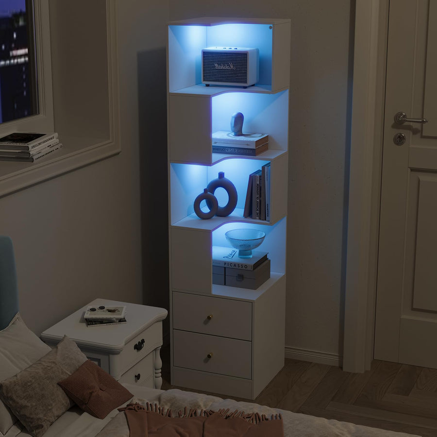 Elecwish Corner Shelf with Light 5-Tier White Storage Cabinet with Drawers Modern Tall Bookshelf Stand for Living Room IF084