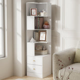 Elecwish Corner Shelf with Light 5-Tier White Storage Cabinet with Drawers Modern Tall Bookshelf Stand for Living Room IF084, view 2