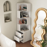 Elecwish Corner Shelf with Light 5-Tier White Storage Cabinet with Drawers Modern Tall Bookshelf Stand for Living Room IF084, view 6