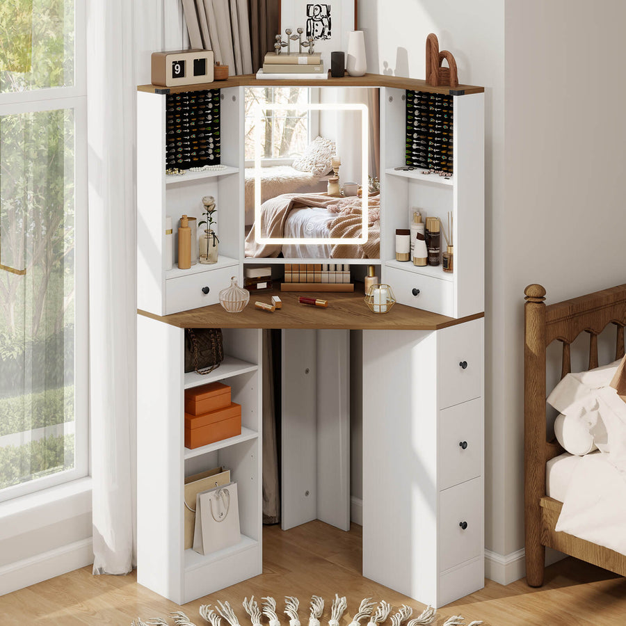 Elecwish Corner Vanity Desk with Mirror and Lights Makeup Table with Storage Large Farmhouse Vanity Sets with Drawers for Women, White IF102
