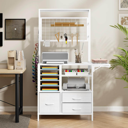 Elecwish Craft Organizers and Storage Cabinet Compatible with Cricut Machines White Craft Table with Fold Out Large Crafting Desk with Drawers and Vinyl Holder IF094