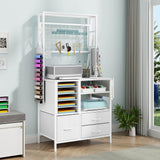 Elecwish Craft Organizers and Storage Cabinet Compatible with Cricut Machines White Craft Table with Fold Out Large Crafting Desk with Drawers and Vinyl Holder IF094, view 4