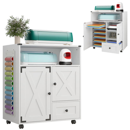 Elecwish Craft Organizers and Storage Cabinet White Craft Table with Drawer Sewing Table with Fold Out Craft Desk for Vinyl Roll Holder for Craft Room IF173