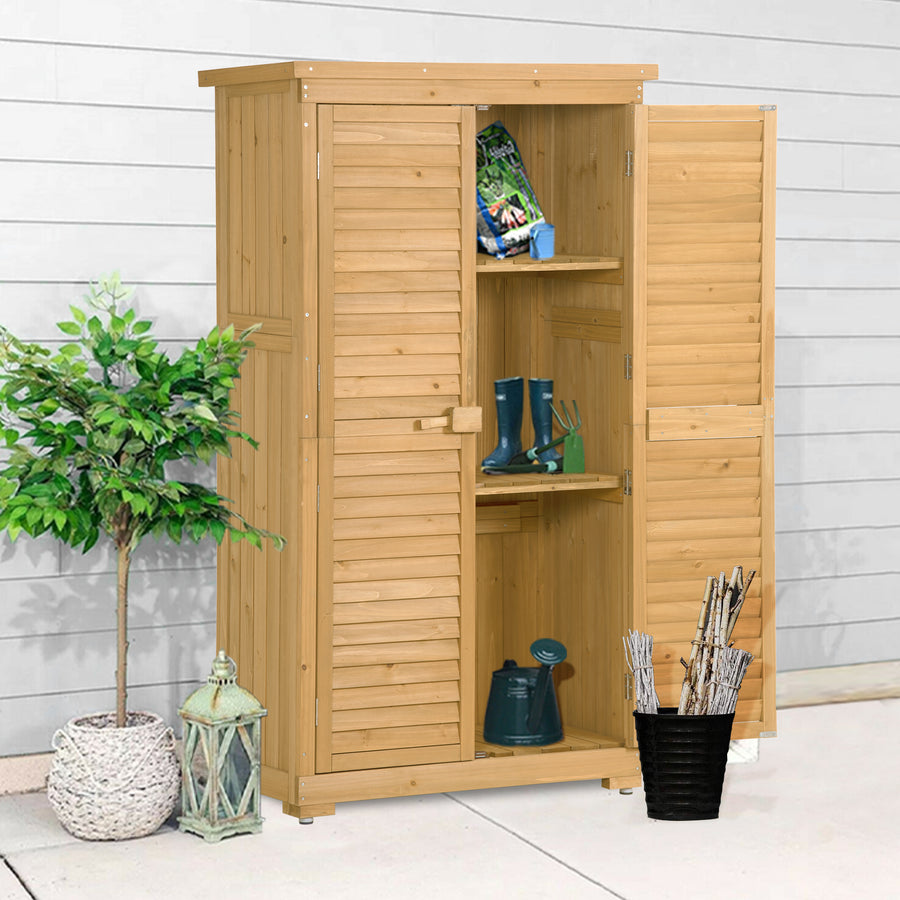 Elecwish Wooden Garden Shed 3-tier Patio Storage Cabinet Outdoor Organizer Wooden Lockers with Fir Wood (Natural Wood Color -Shutter Design)