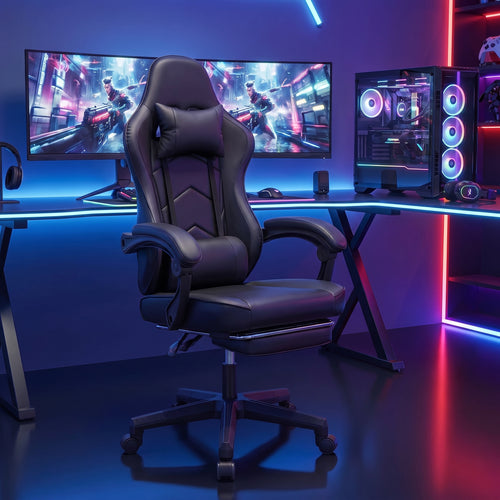 Elecwish Ergonomic Gaming Chair, Reclining Computer Chair, Pure Black Widen Thicken Seat, Footrest, Lumbar Support, Headrest, Big and Tall, PU Leather, High Back Office Chair, Adults, Home Office