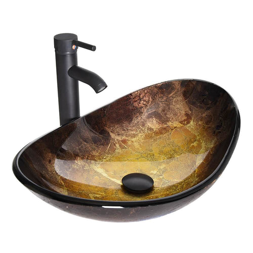 Elecwish Elegant Gold Oval Boat-Shaped Glass Vessel Sink BA20065