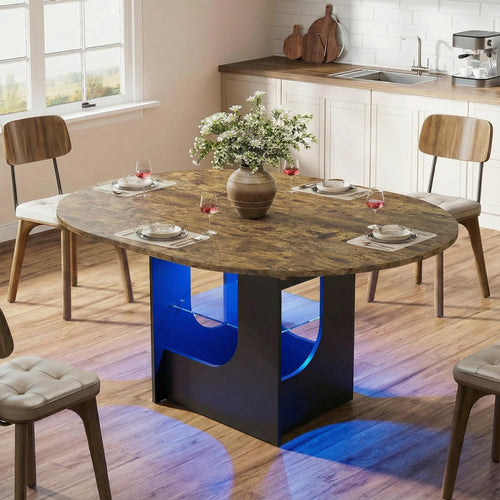 Elecwish Extendable Dining Room Table for 4-8 with Lights | Oval & Round Variable, Modern Table with Hidden Leaf, Glass Storage Shelf for Kitchen Living Room, Rustic
