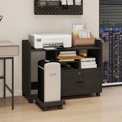 Elecwish File Cabinets for Home Office Printer Stand with Storage Black Rolling Office Organizer with Lock Under Desk Filing Cabinet with Adjustable Shelves and Charging Station OC04