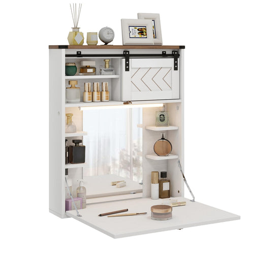 Elecwish Floating Vanity Desk with Mirror and Lights Small Wall Mounted Makeup Set with Storage White Farmhouse Dressing Table for Tiny Space IF148/