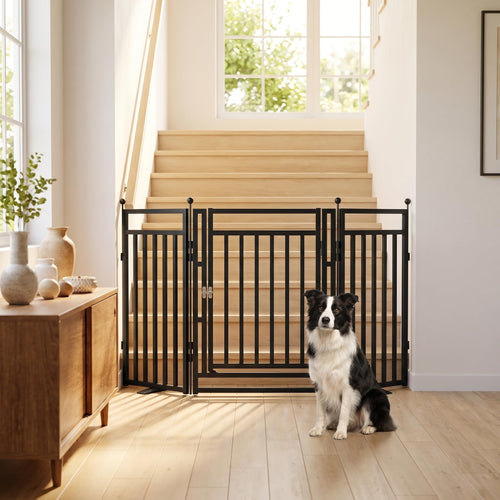 Elecwish Freestanding Dog Gates for Doorways, 32"x144" Extra Tall & Wide, Foldable Dog Fence Indoor with Door for Deck,House,Stairs,Extra Wide, Snowblack
