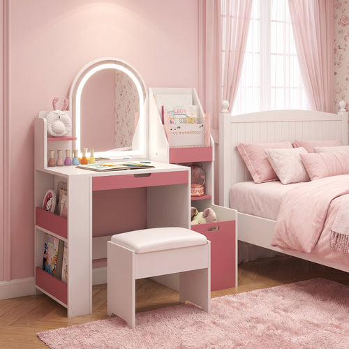 Elecwish Kids Vanity with Mirror & Lights 3 in 1 Toddler with Bookshelf Small Pink & White Princess Makeup Vanity Desk Set with Chair & Toy Organizer for Little Girls