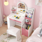 Elecwish Kids Vanity with Mirror & Lights 3 in 1 Toddler with Bookshelf Small Pink & White Princess Makeup Vanity Desk Set with Chair & Toy Organizer for Little Girls, view 3