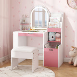 Elecwish Kids Vanity with Mirror & Lights 3 in 1 Toddler with Bookshelf Small Pink & White Princess Makeup Vanity Desk Set with Chair & Toy Organizer for Little Girls, view 6