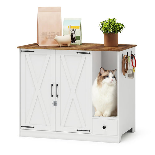 Elecwish Litter Box Furniture Hidden, Cat Litter Box Enclosure Cabinet Large with Double Doors and Pull-Out Drawer for Self-Cleaning Litter Boxes, White