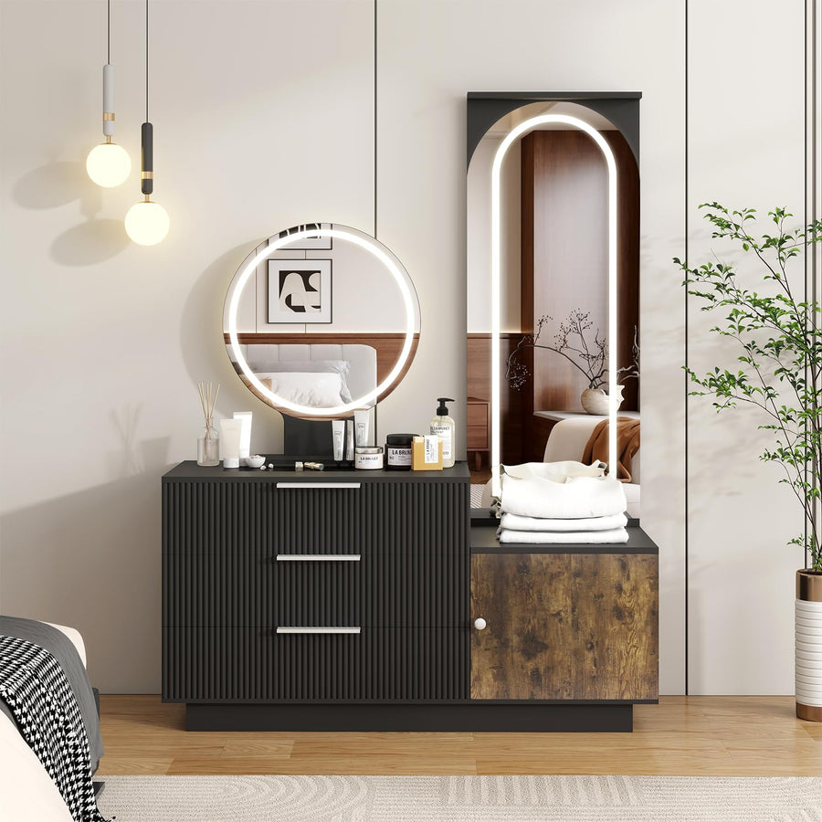 Elecwish Makeup Vanity Desk with Full Length Mirror, Charging Station & Lights, Makeup Vanity with Glass Top Vanity, 3 Drawers and Storage Cabinet for Bedroom