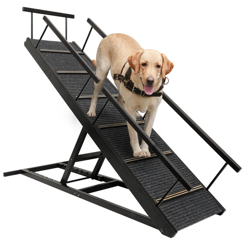 Elecwish Pet Ramp Folding Portable Wooden Dog & Cat Ramps for Couch or Bed, Including Non Slip Mat & Safety Side Rails, 64.2 Inch Long and Height Adjustable from 13.4 Inch to 38 Inch Up to 110 Lbs PA923