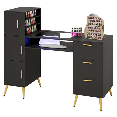 Elecwish Manicure Table Nail Desk for Nail Teck w/Glass Top &Wrist Rest, 3 Drawers + 3 Cabinets + 3 Shelves, Nail Station Desk Metal Handles & Legs, Black  HO8003