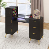 Elecwish Manicure Table Nail Desk for Nail Teck w/Glass Top &Wrist Rest, 3 Drawers + 3 Cabinets + 3 Shelves, Nail Station Desk Metal Handles & Legs, Black HO8003, view 2